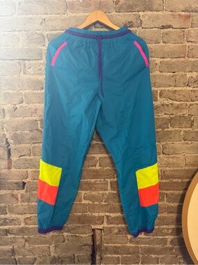 Forever 21 Teal Track Pants with Neon Yellow & Coral Blocks